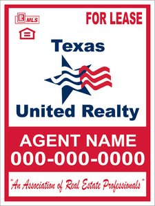 24" x 18" Texas United Realty Custom For Lease Sign